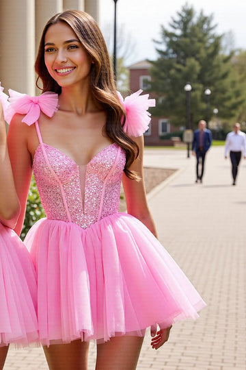 Sparkly Pink Sequin Corset Short Homecoming Dress with Bows